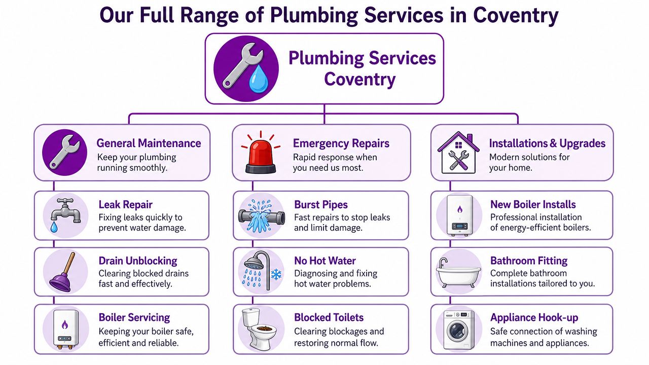 A comprehensive infographic displaying various plumbing services in Coventry, including maintenance, emergency repairs, and home installation options.