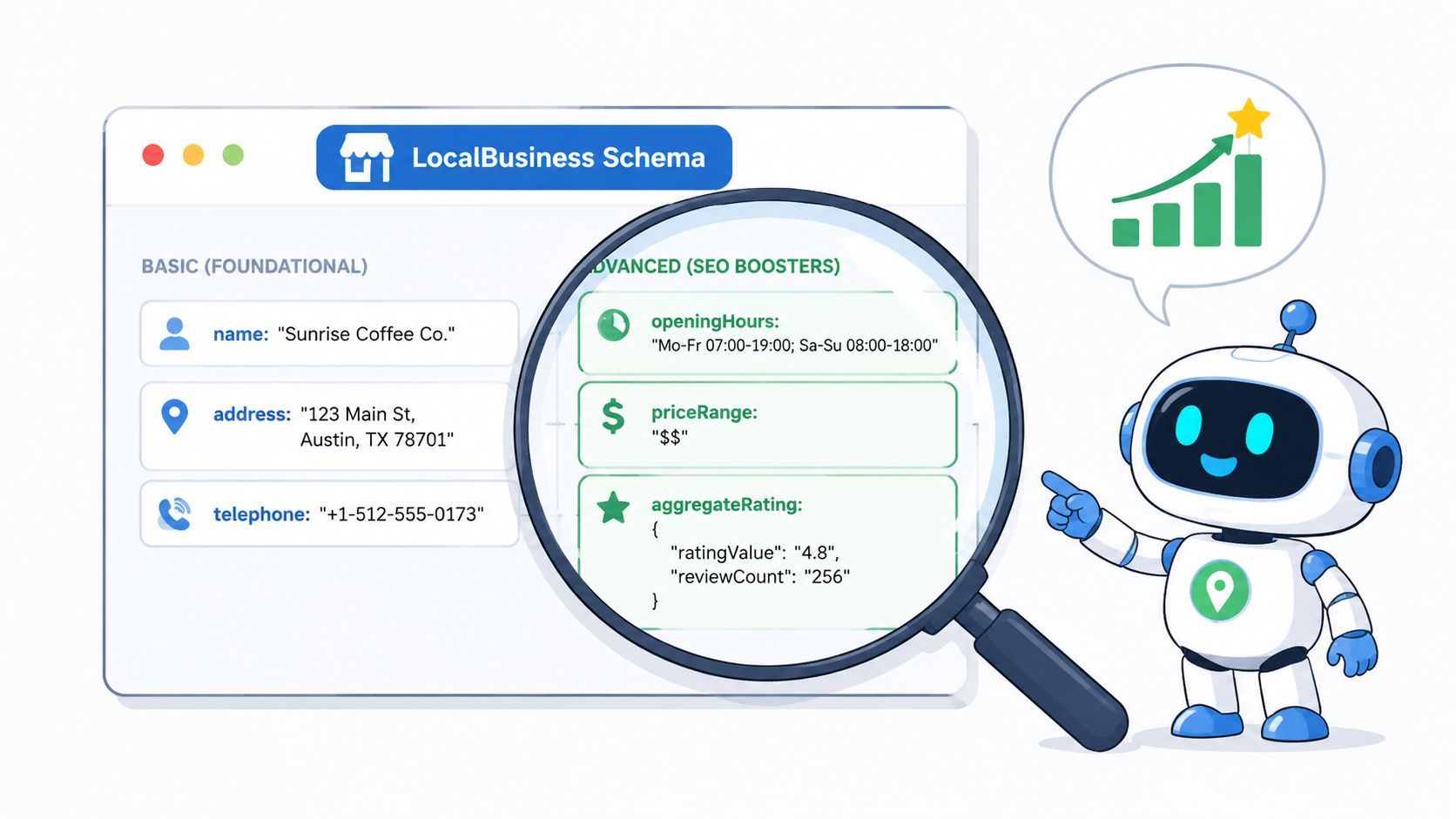 A friendly robot pointing at a graphic showing essential and advanced local business schema markup components.