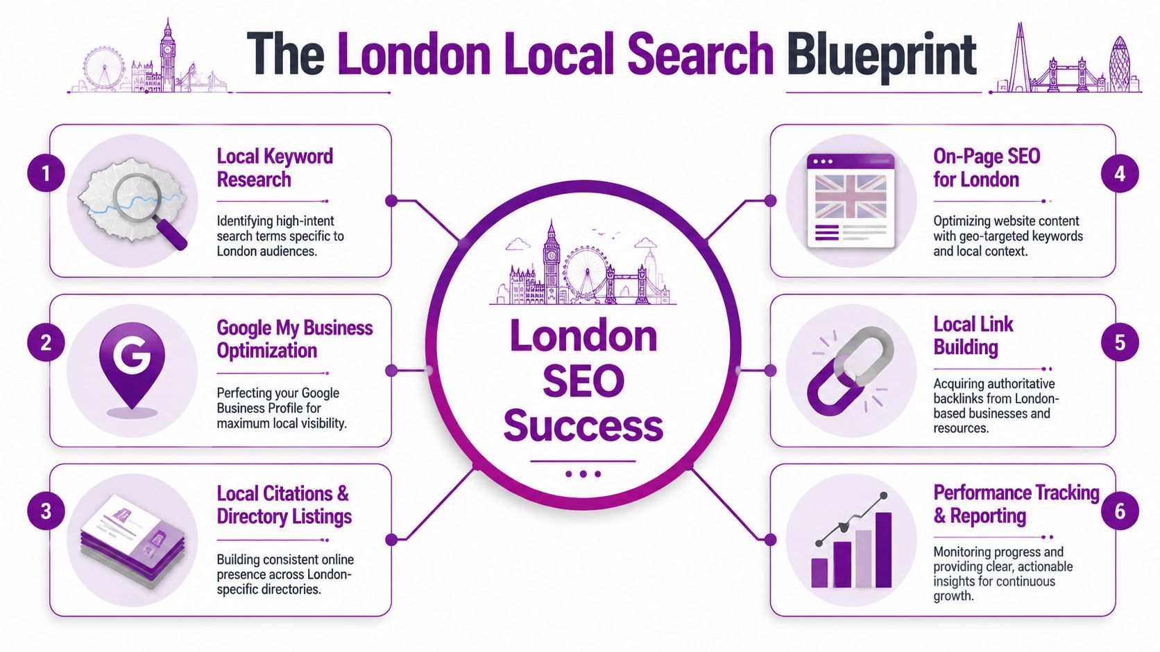 A diagram outlining a six-step blueprint for achieving local SEO success for businesses located in London.
