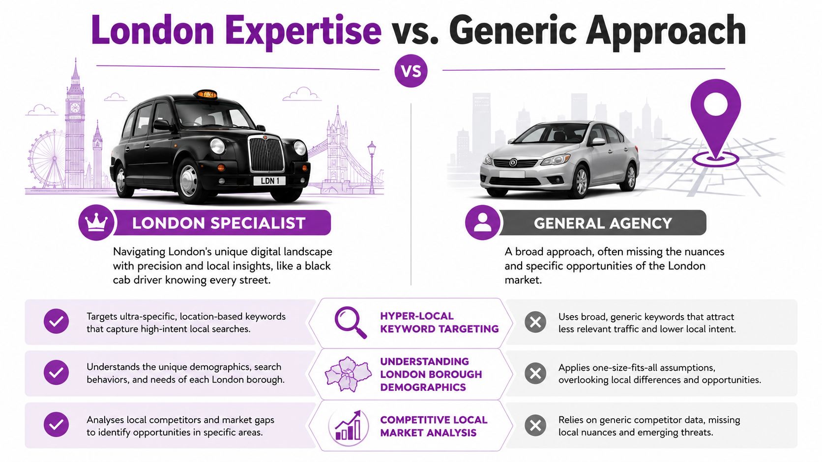 A comparison graphic between a London specialist SEO agency and a general agency using illustrative icons.