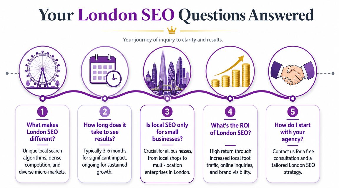 A diagram outlining five key questions about London SEO services and their associated answers for businesses.