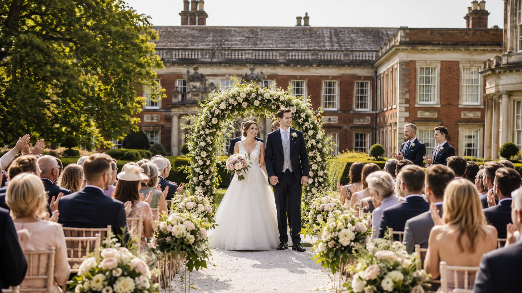 A happy bride and groom walking down the aisle together during an outdoor wedding ceremony at a manor.